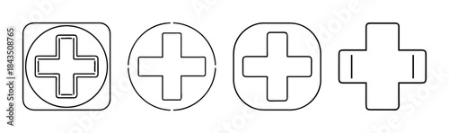 Various styles of line art plus sign icons for add, medical, or user interface functions