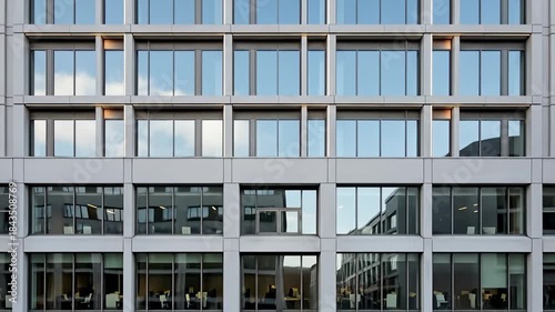 Modern Building Facade Reflecting Blue Sky and Surrounding Structures Architectural Design Geometric Lines