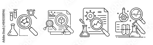 Modern line art collection illustrating scientific research, data analysis, and laboratory experiments