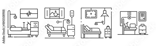 Line art illustration of various hospital room settings and essential patient care equipment