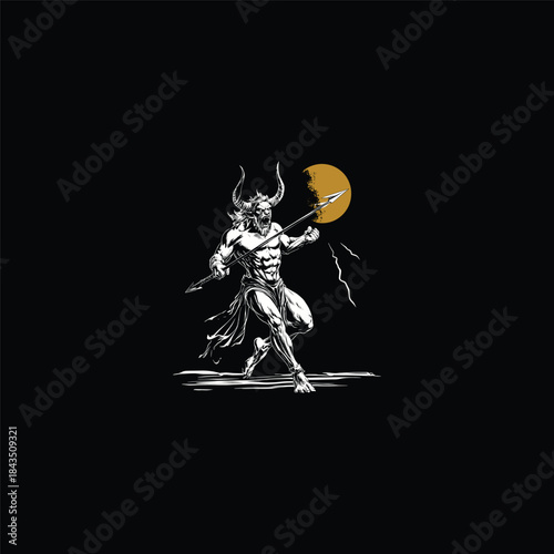 Mythical horned warrior holding a spear illustration with golden moon on black background