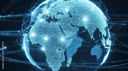 Abstract Digital Earth Globe Illuminated in Vibrant Blue Against Dark Background with Data Connections