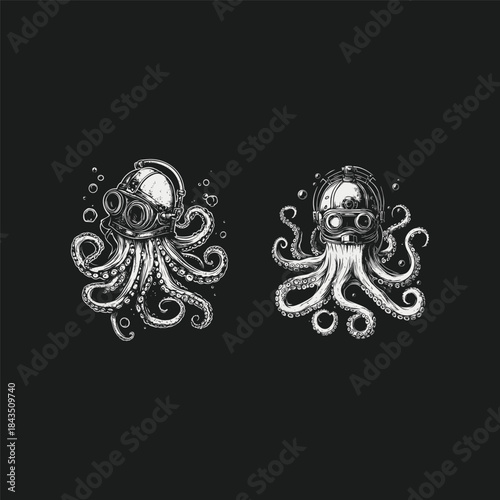 Vintage hand drawn style illustration of a giant octopus wearing an antique diver helmet on a white background.