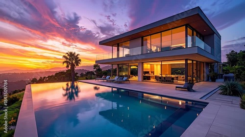 Modern Luxury Home Exterior with Infinity Pool and Sunset Sky Reflections