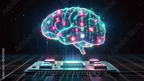 A digital brain over a circuit board emitting colorful binary data.