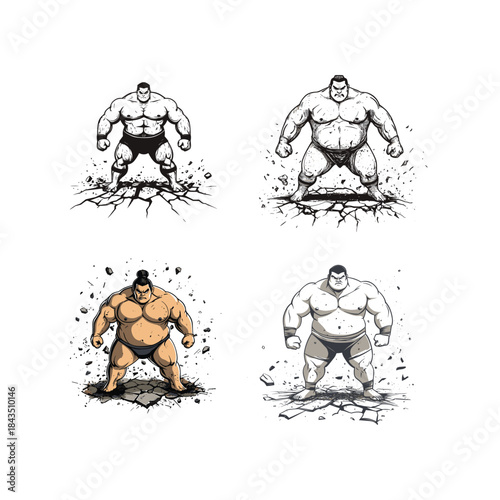 Set of powerful sumo wrestler illustrations in various styles featuring muscular fighters standing on cracked ground isolated on white background