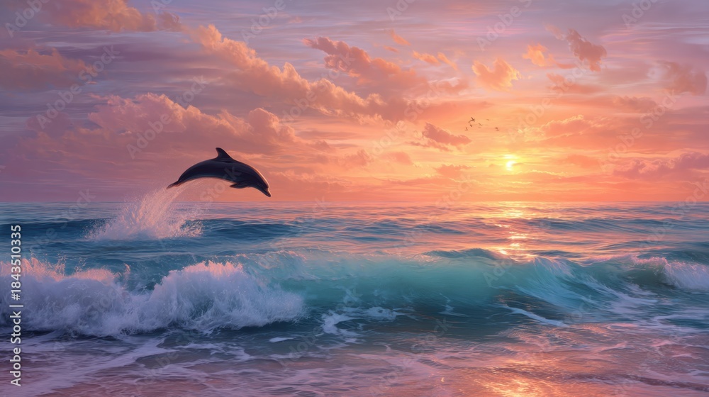 Naklejka premium A dolphin jumping out of the ocean water at sunset. Nature background of an animal in the sea for concepts of freedom, marine life and travel.