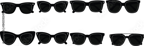 Collection of stylish black sunglasses in multiple modern shapes, featuring cat-eye, round, square, and retro designs, ideal for fashion accessories and eyewear presentations