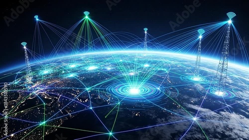 Abstract Digital Network Connection Around Globe in Night View with Bright Blue and Green Lines