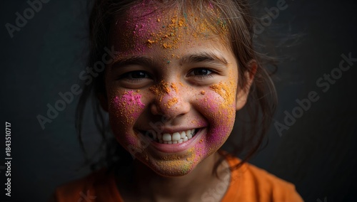 Close-up portrait of a joyful young girl covered in vibrant Holi powder, with dramatic lighting and a dark blurred background enhancing festive colors.