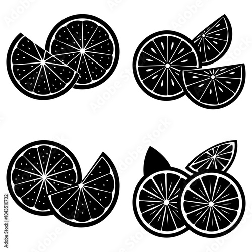 Four Slices of Lemon with Leaves on White Background lemon slices citrus