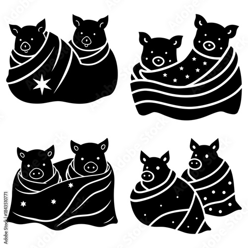 Three Pigs Wrapped in Starry Blankets Silhouette on White Background piglets black
