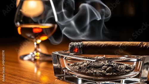 Close Up of Cigar in an Ashtray with Smoke Rising and a Glass of Amber Liquid on Wooden Surface