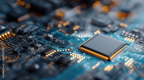 Microchip on motherboard with glowing circuits. Abstract electronic computer processor unit for technology and engineering concept.