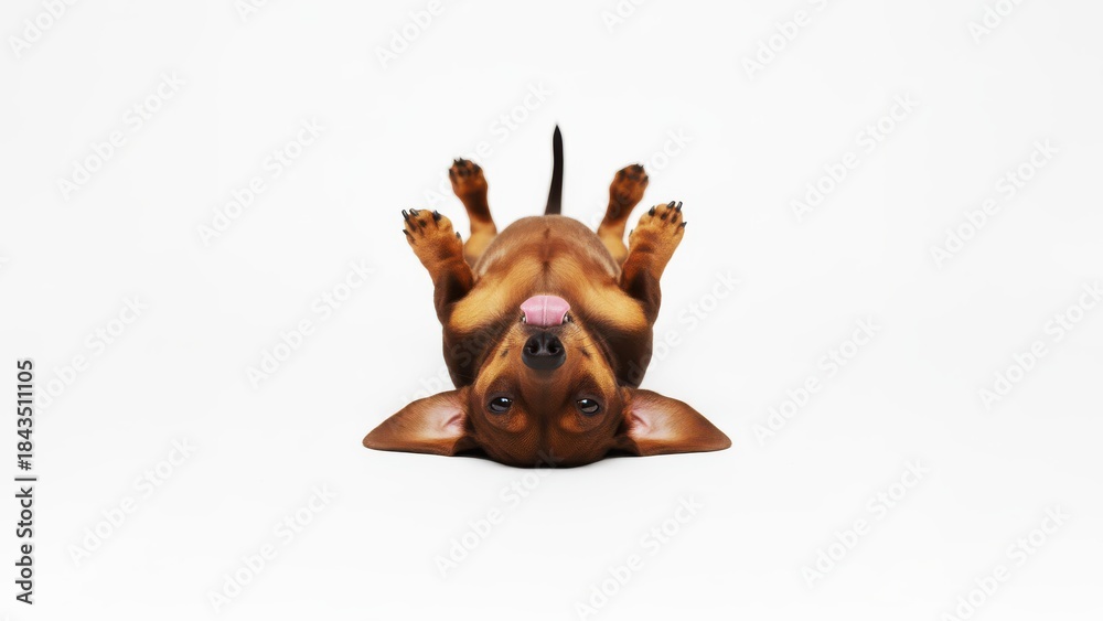Fototapeta premium Adorable little brown dog playfully rolls on its back with paws up