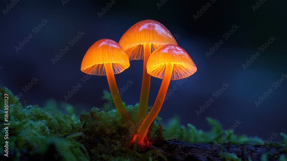 Fototapeta premium 幻想的に光るキノコの群生。自然や植物の神秘的なイメージ素材。