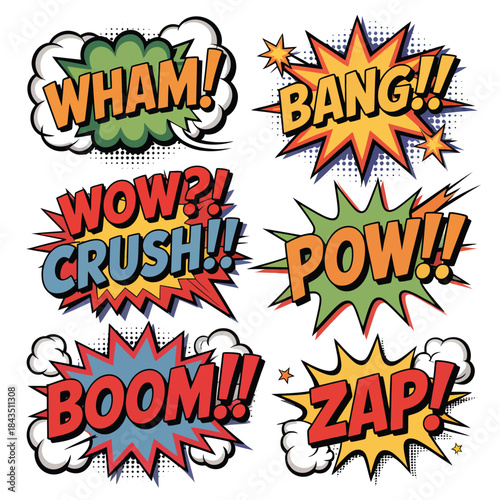 Comic Book Sound Effects and Words Collection on White Background speech bubble explosion