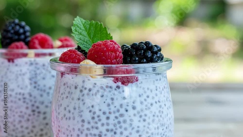 Close Up View of Two Chia Seed Puddings Garnished with Fresh Berries and Nuts on Wooden Surface