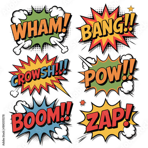 Comic Book Sound Effects and Words Collection on White Background speech bubble explosion