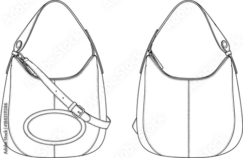 Women's stylish fashion accessory hobo bag flat technical drawing vector illustration, front and back view, adjustable shoulder strap, detailed stitching, CAD template.