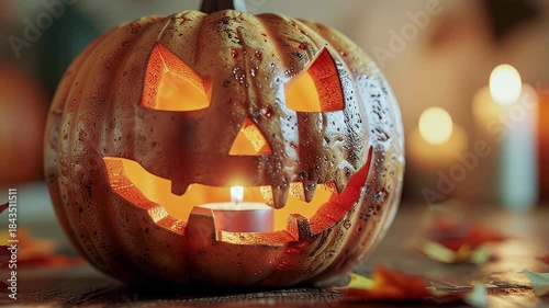 Lit Carved Pumpkin with Candle Inside on Wooden Table Surrounded by Candles and Autumn Leaves