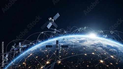 Satellite Network Communicating with Planet Earth against a Starry Sky with Bright Sunrise Lighting