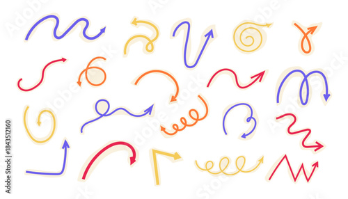 Spiral arrow doodle, collage cutout color wavy twist minimal squiggly line set. Curve comic turn way cut out direction. Playful quirky simple free hand elements. 