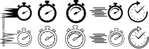 Clock icon set collection with analog wall clocks and stopwatch timer symbols in black flat and outline style, time measurement watch pictogram pack for schedule alarm countdown UI design