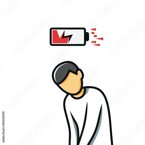 Exhausted Man with Low Battery Icon Symbolizing Burnout, Work Fatigue, and Mental Stress