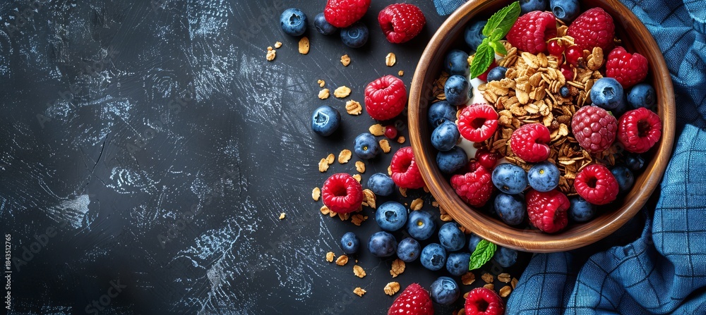 Fototapeta premium Vibrant top down view of a healthy breakfast bowl featuring granola, berries, and yogurt