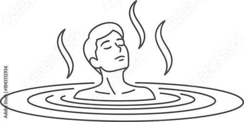 Man relaxing in a hot spring or spa with steam line art illustration for wellness and relaxation concept