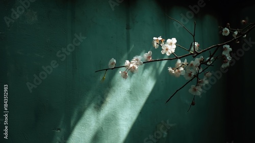 静かな光に照らされる梅の花の枝。和風デザインや季節感の演出に最適な自然素材。
