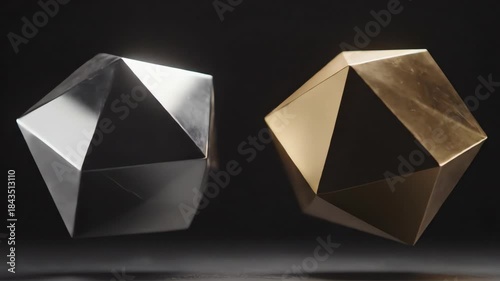 Seamless loop of two polished geometric twin prisms, one matte gold and the other reflective silver, rotating in opposite directions on a dark background technology, opposition, concept