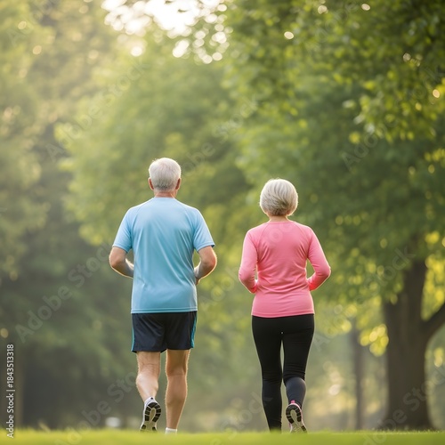 Active Seniors Jogging: An elderly couple jogs together on a serene, sun-dappled path, their dedication to fitness and love for nature shining through every stride. 