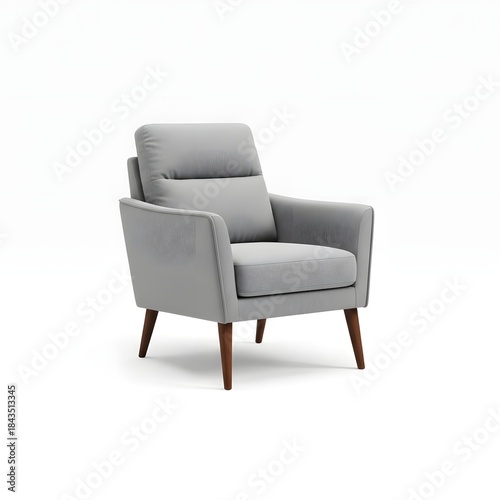 Sleek Armchair: A modern, minimalist gray armchair, the epitome of comfort and sophistication, stands on slender wooden legs, designed for elegant living.