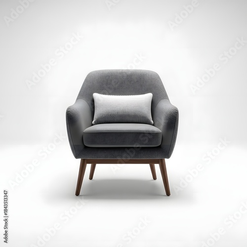 Modern Comfort: A sleek, gray armchair, adorned with a white pillow, stands invitingly, showcasing minimalist design and cozy comfort.