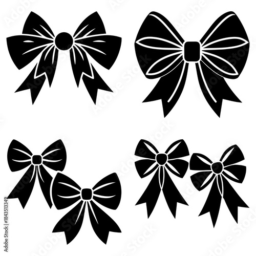 Four Black and White Bow Ties with Different Knot Styles on Transparent Background formal fashion