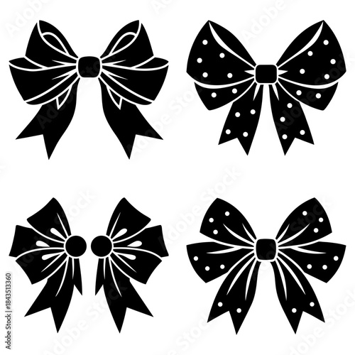 Four Black and White Bow Ties with Different Patterns on White Background dots