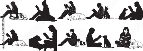 People and dogs reading on the floor collage