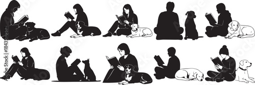 People and dogs reading books together in various poses
