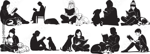 Silhouettes of People Reading with Dogs