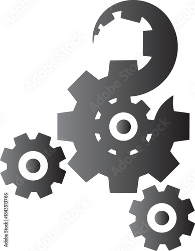 Interlocking grey gears with gradient shading on white background