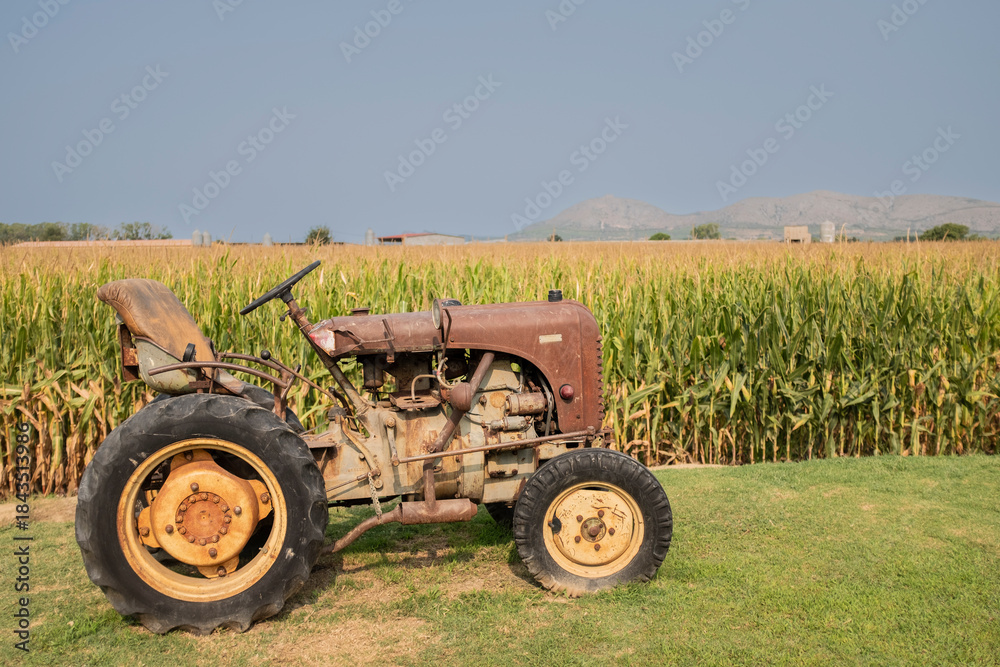 Obraz premium Old and rusty tractor on a corn field landscape