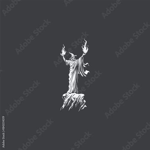 Mystical dark sorcerer or ghost figure holding a ball of magic fire in hand-drawn vintage engraving style