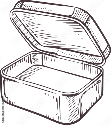 Black and white of an open rectangular container with hinged lid