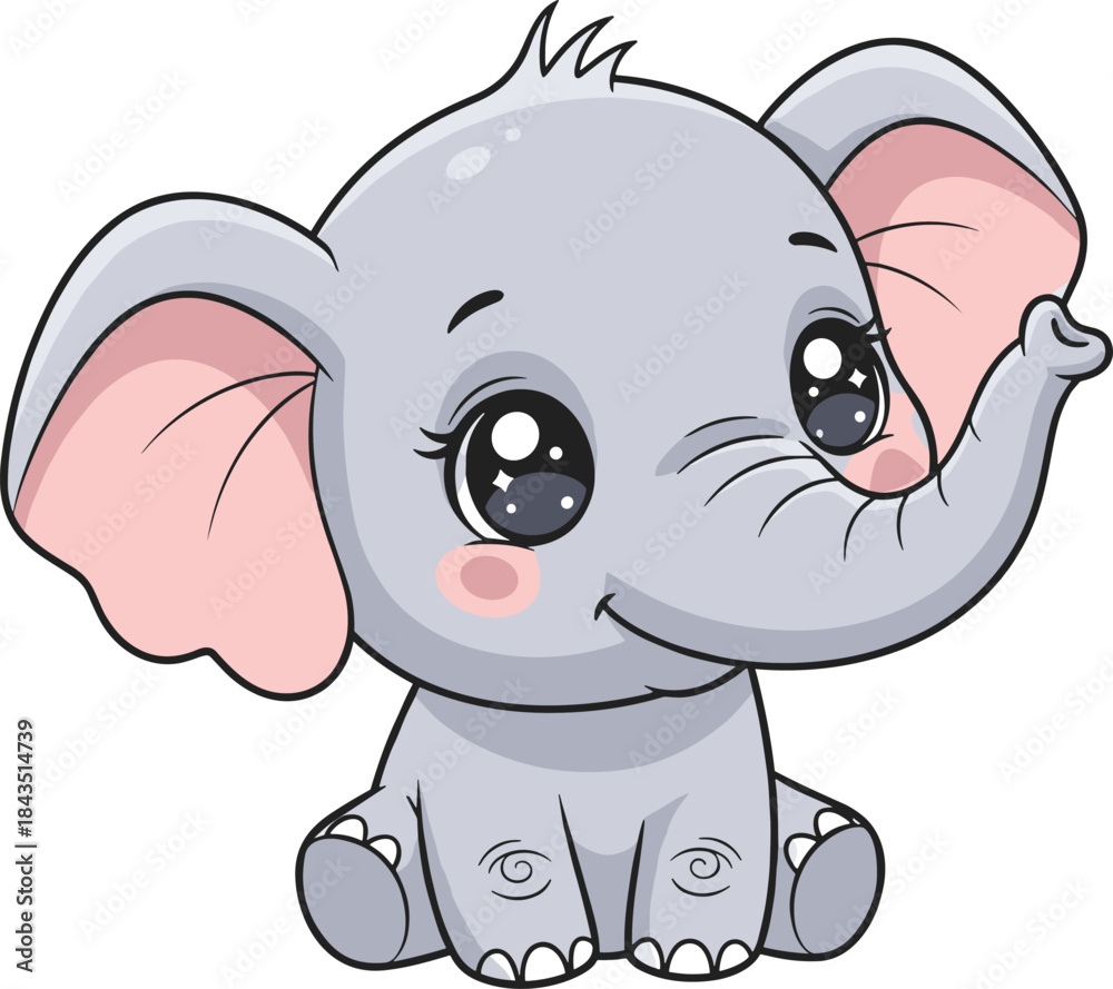 Fototapeta premium cute baby elephant cartoon illustration adorable animal character nursery art children design isolated white background vector smiling kawaii kids decor