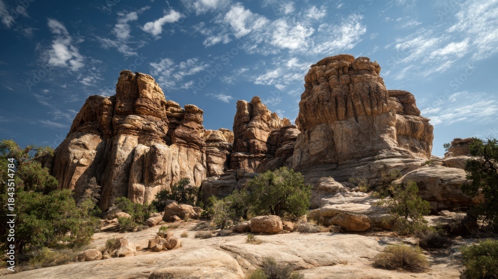 Fototapeta premium Majestic rock formations stand tall under a blue sky with clouds in a desert landscape during daytime