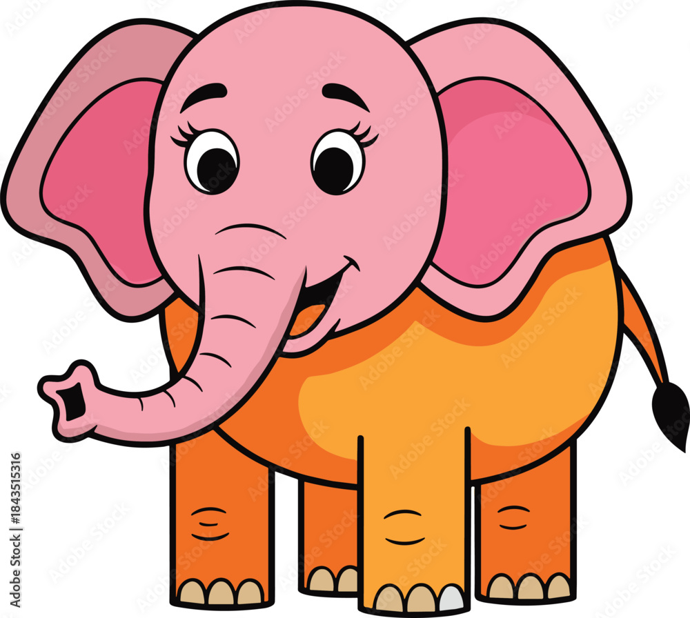 Naklejka premium Cute cartoon elephant illustration, smiling baby elephant character, colorful flat design, kids animal artwork, playful wildlife mascot on white background