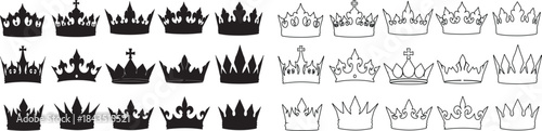 Collection of various royal crown vector icons. King and queen silhouette and outline symbols set for design. isolated PNG with Transparent Background