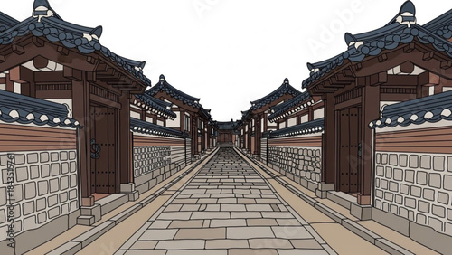 Traditional Korean street with tiled roofs and stone walls historical architecture illustration for travel and culture c